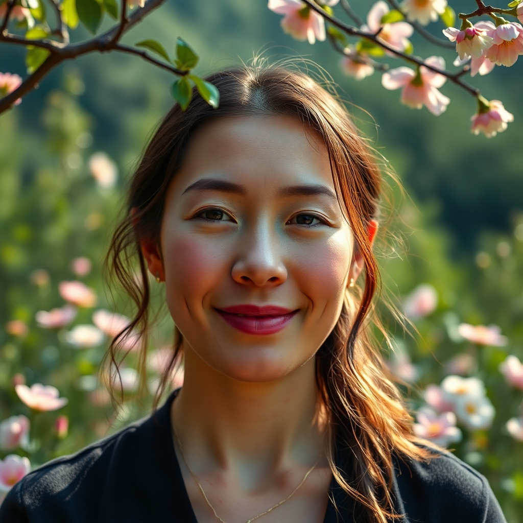 A photorealistic image of a person with a healthy, vibrant complexion. The background should be a serene, natural setting with blooming flowers and lush greenery, signifying a sense of peace and well-being.