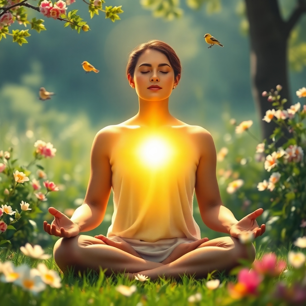 A photorealistic image of a person meditating in a serene natural setting. A golden light emanates from their body, symbolizing the activation of their inner potential. The surrounding environment is lush and vibrant, with flowers blooming and birds singing. The image conveys a sense of peace, harmony, and empowerment. The focus is on the radiant light and the person's serene expression. Rendered in 4K resolution.