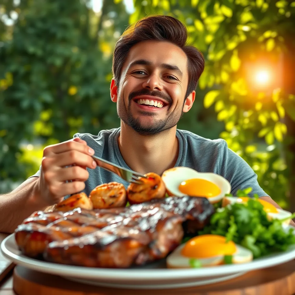 A photorealistic image of a person feeling healthy and vibrant, enjoying a plate of perfectly cooked steak, chicken, and eggs. The background is a calming, natural setting with lush greenery and sunlight filtering through the leaves, showcasing a sense of peace and wellness. The image should highlight the deliciousness and nutritional value of animal-based foods.