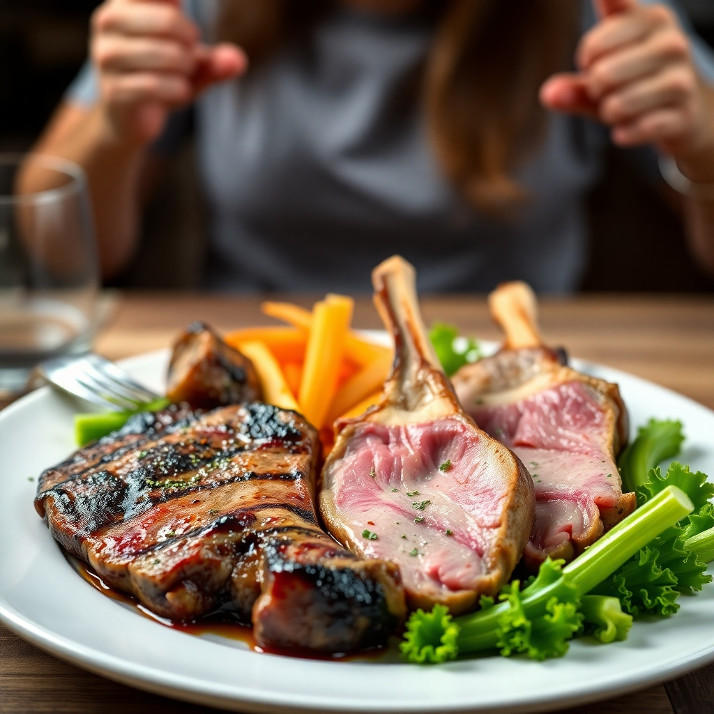 A photorealistic image of a plate filled with various cuts of meat – steak, chicken breast, and lamb chops – alongside fresh vegetables.  The background subtly depicts a person feeling energized and healthy, contrasting with a blurry image of someone experiencing a sugar crash in the background.