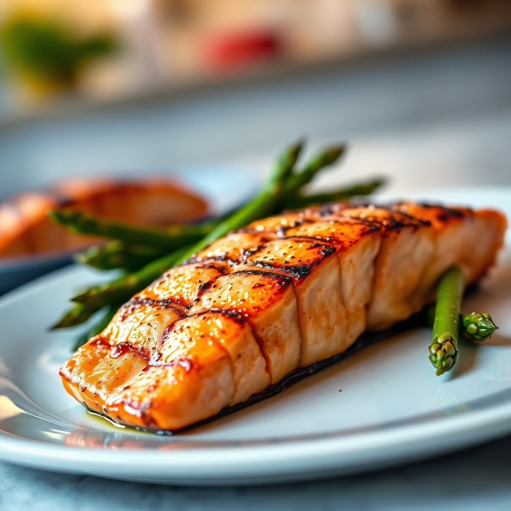 A photorealistic image of a plate of grilled salmon with asparagus, showcasing the rich color and texture of the food. The background should be blurred, focusing attention on the food. The lighting should be warm and inviting, emphasizing the natural colors and textures of the ingredients.  The overall aesthetic should be clean, modern, and appealing to health-conscious individuals.