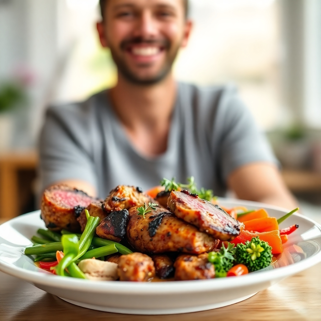 A photorealistic image of a plate with beautifully prepared carnivore diet meals. The plate is placed in front of a smiling person, emphasizing the joy and health benefits of this diet. The background should be bright and airy, representing hope and well-being. The colors should be vibrant, emphasizing the visual appeal of the carnivore diet. The styling aims to evoke a sense of healing and rejuvenation.