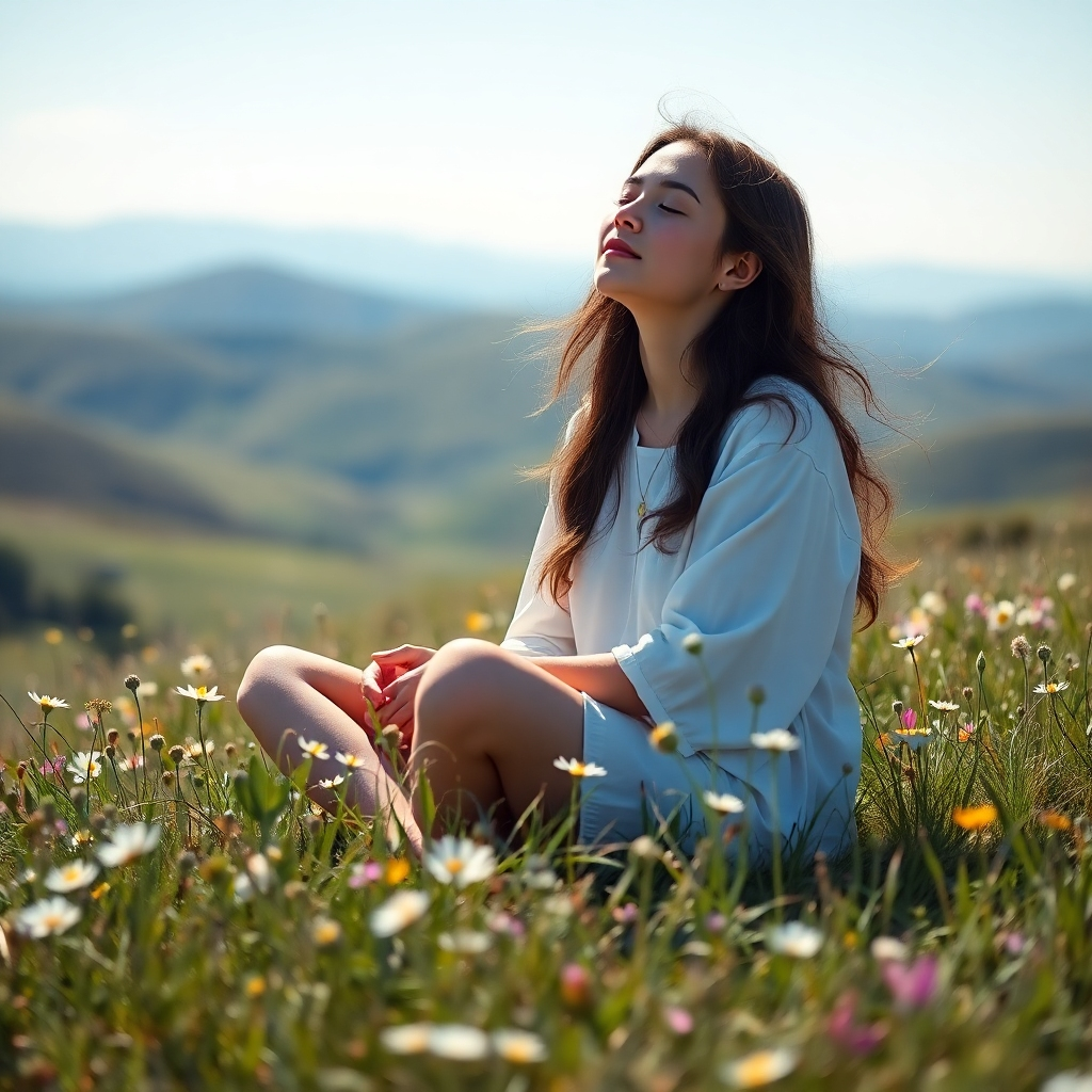 A photorealistic image of a serene woman sitting cross-legged on a grassy hill, eyes closed, sunlight illuminating her face.  She's surrounded by wildflowers, a gentle breeze blowing through her hair.  The background is a softly blurred landscape of rolling hills and a clear blue sky. The overall mood is one of tranquility and peace.  High resolution, 8k quality, detailed textures, cinematic lighting, photorealistic rendering