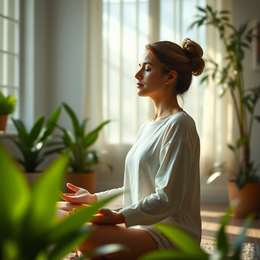 A photorealistic image of a serene woman meditating in a sunlit room, surrounded by plants, with a soft glow emanating from within her, symbolizing inner peace and self-care.  The overall mood should be calm, peaceful, and uplifting.  High detail, 8k resolution, cinematic lighting