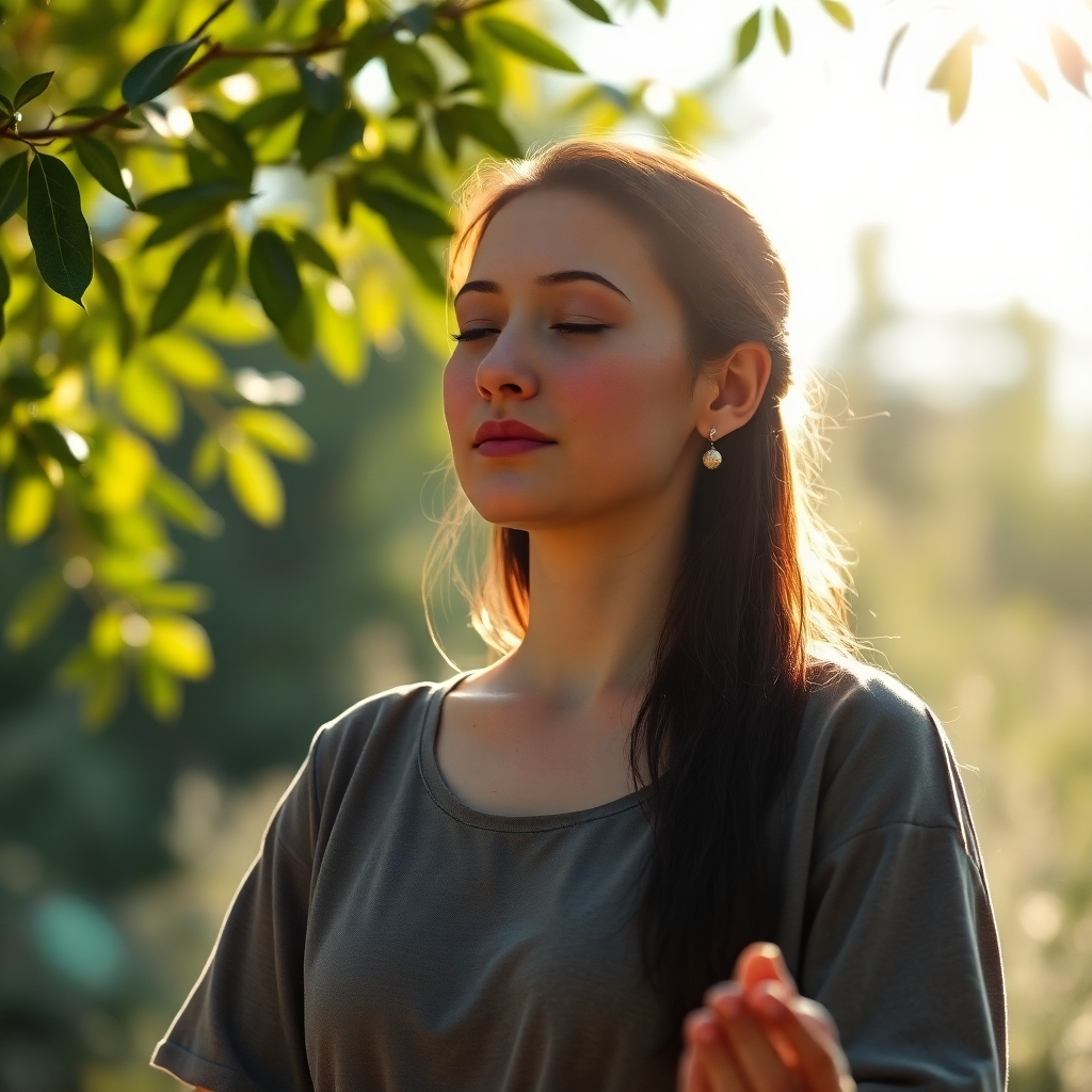 A photorealistic image of a serene person meditating outdoors in nature, sunlight dappling through leaves. The scene should be peaceful and calming, with soft colors and a feeling of tranquility. The person's face should radiate calmness and inner peace.