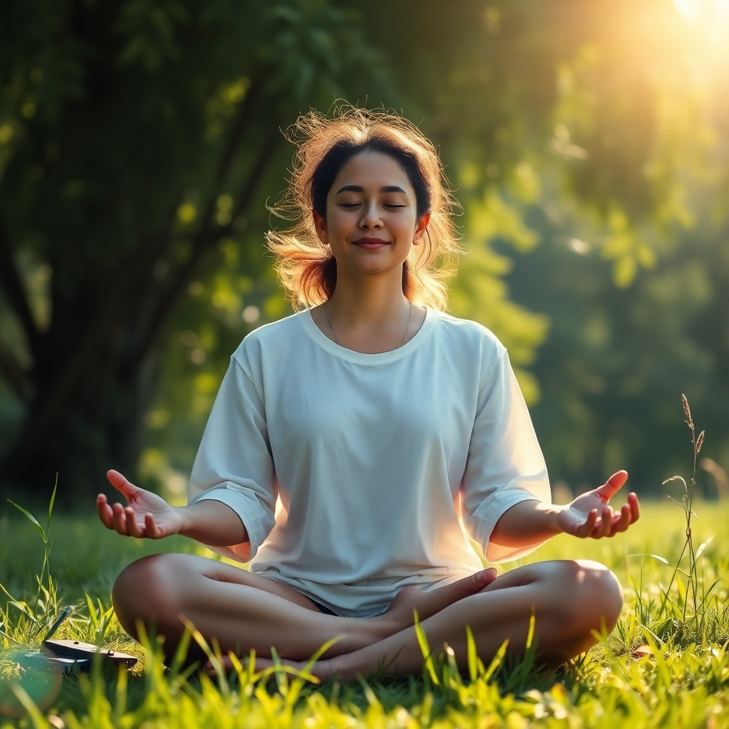 A photorealistic image of a serene person meditating outdoors in nature, surrounded by lush greenery and soft sunlight. The scene should radiate tranquility and calmness. The person's facial expression should reflect inner peace and contentment. Include subtle visual elements representing nature's healing power, like a gentle breeze or birds in flight.