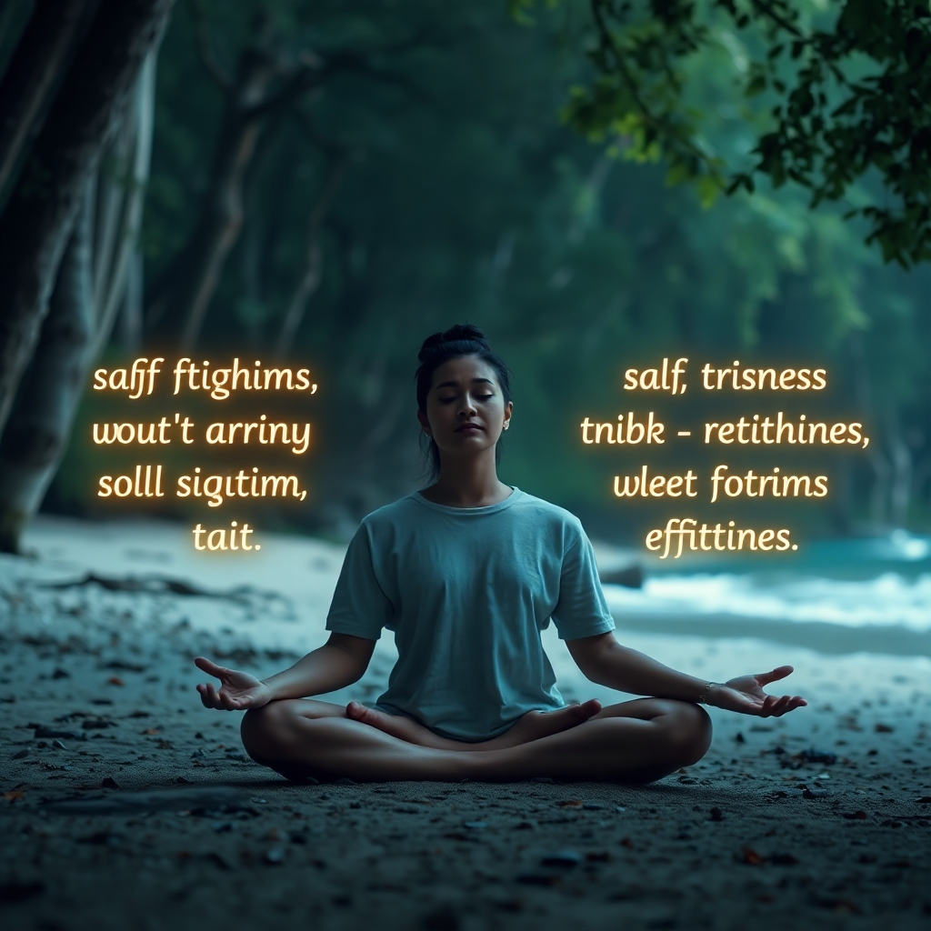 A photorealistic image of a serene person meditating amidst a calming natural setting, such as a peaceful forest or beach, with calming, positive affirmations (glowing text) floating peacefully around them, showcasing tranquility and stress reduction.