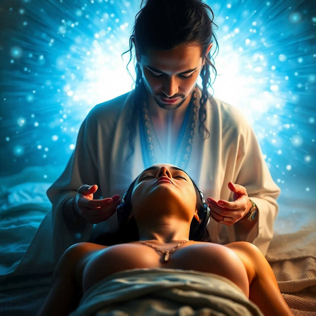 A photorealistic image of a sound healing specialist bathing someone with healing frequencies using ancient and modern devices. The person getting healed should be lying down with their eyes closed. The sound healing specialist should be resonating with sound. The image must be photorealistic and in 4K resolution.