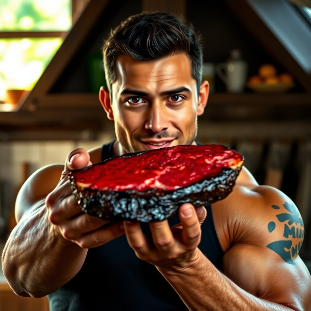 A photorealistic image of a strong, healthy individual with vibrant skin and bright eyes, holding a juicy steak.  The background should be a rustic kitchen with natural light, emphasizing a feeling of wholesome energy and vitality.  The image should evoke feelings of strength, health, and confidence.