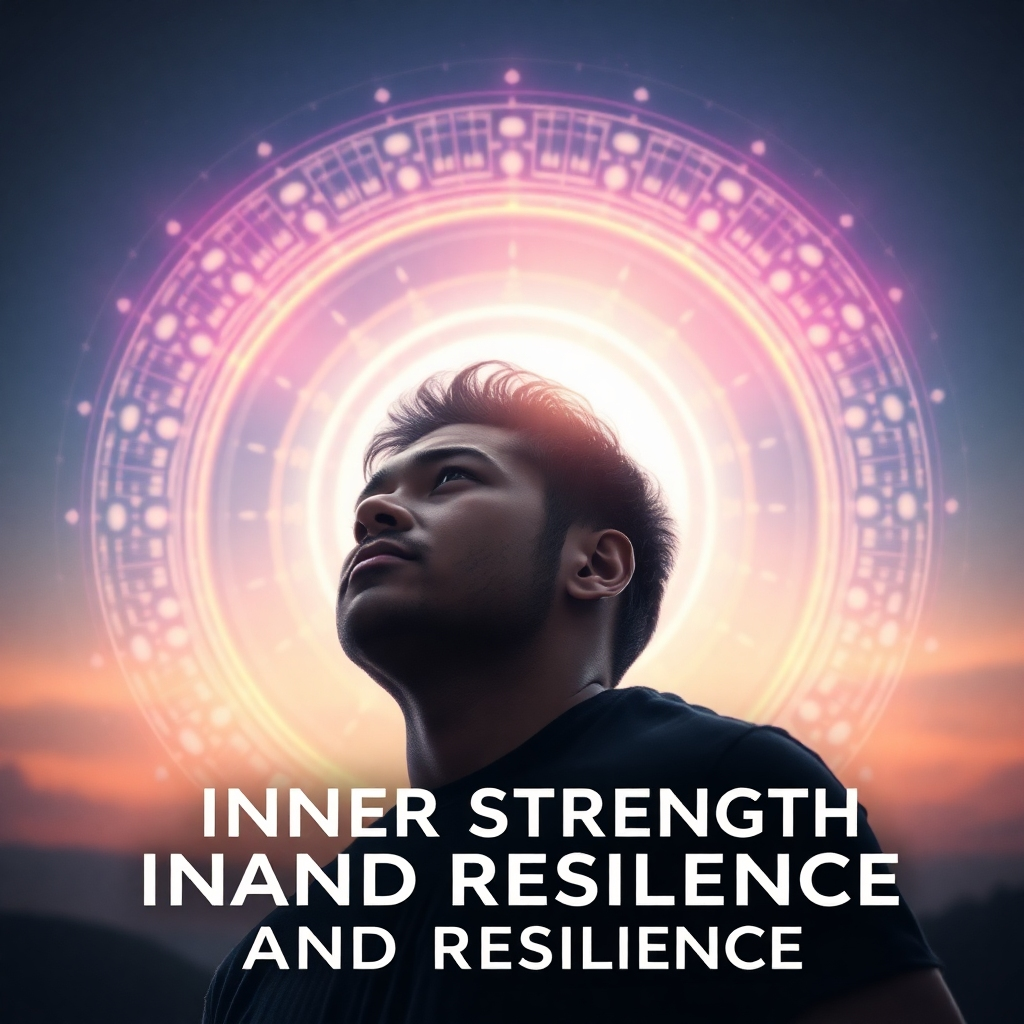 A photorealistic image of a strong, determined individual looking confidently towards the horizon, with vibrant Solfeggio frequency visualizations surrounding them, and text reading 'Inner Strength and Resilience'