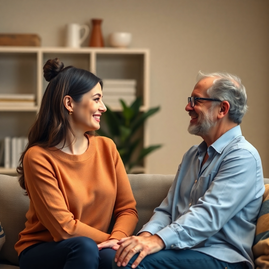 A photorealistic image of a therapist or coach having a conversation with a client, showing a supportive and trusting atmosphere. Colors should be warm and inviting. Style: Realistic and empathetic.  Technical Specs: 4K resolution
