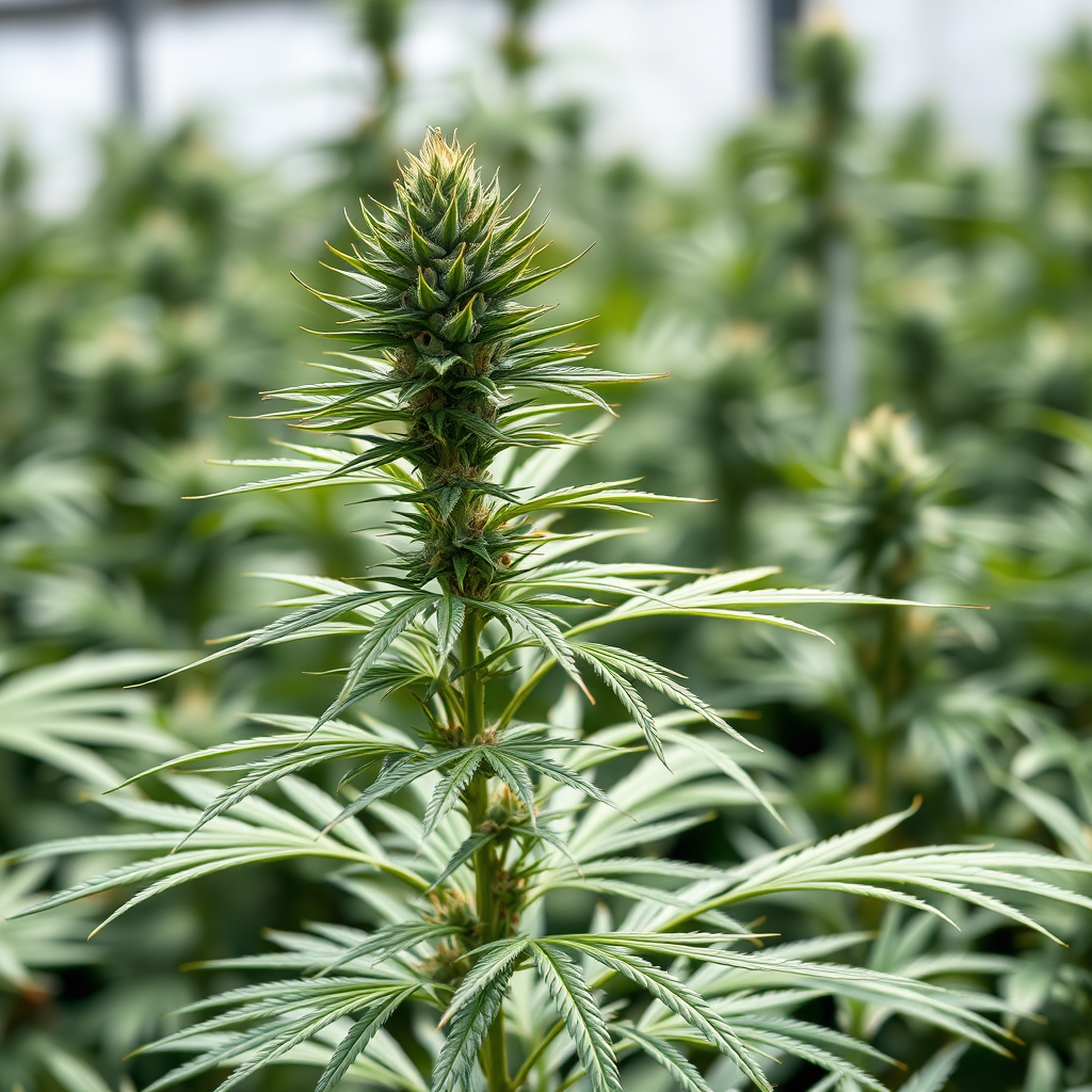 A photorealistic image of a thriving Sativa plant. It is tall and slender with long, thin leaves. The buds are more elongated and less dense than Indica. Lighting should be bright and natural, showcasing the plant's vibrant green color. The background includes blurred foliage suggesting a larger grow operation. Style: Cannabis cultivation, daytime. Technical specs: 4K resolution, high quality, sharp focus.