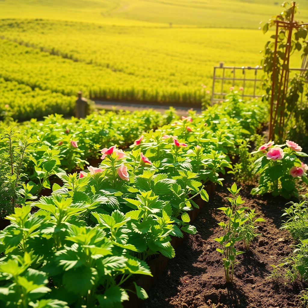 A photorealistic image of a thriving garden, representing the long-term benefits of self-healing practices. The garden is bathed in sunlight. The background is a lush, green landscape. Camera angle: Wide shot capturing the abundance and growth.