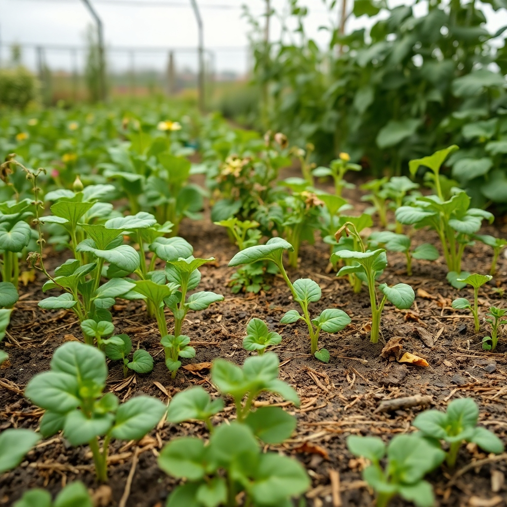 A photorealistic image of a vibrant vegetable garden, but with subtle signs of neglect – some plants are wilting, and the soil looks dry in patches. The lighting is slightly overcast, creating a sense of unfulfilled potential. The color palette is predominantly green, but with muted tones and hints of yellow and brown, suggesting something is amiss. Shot from a medium distance, showcasing the overall garden but also highlighting the imperfections. 4K resolution, high quality, with sharp focus on the textures of the plants and soil.