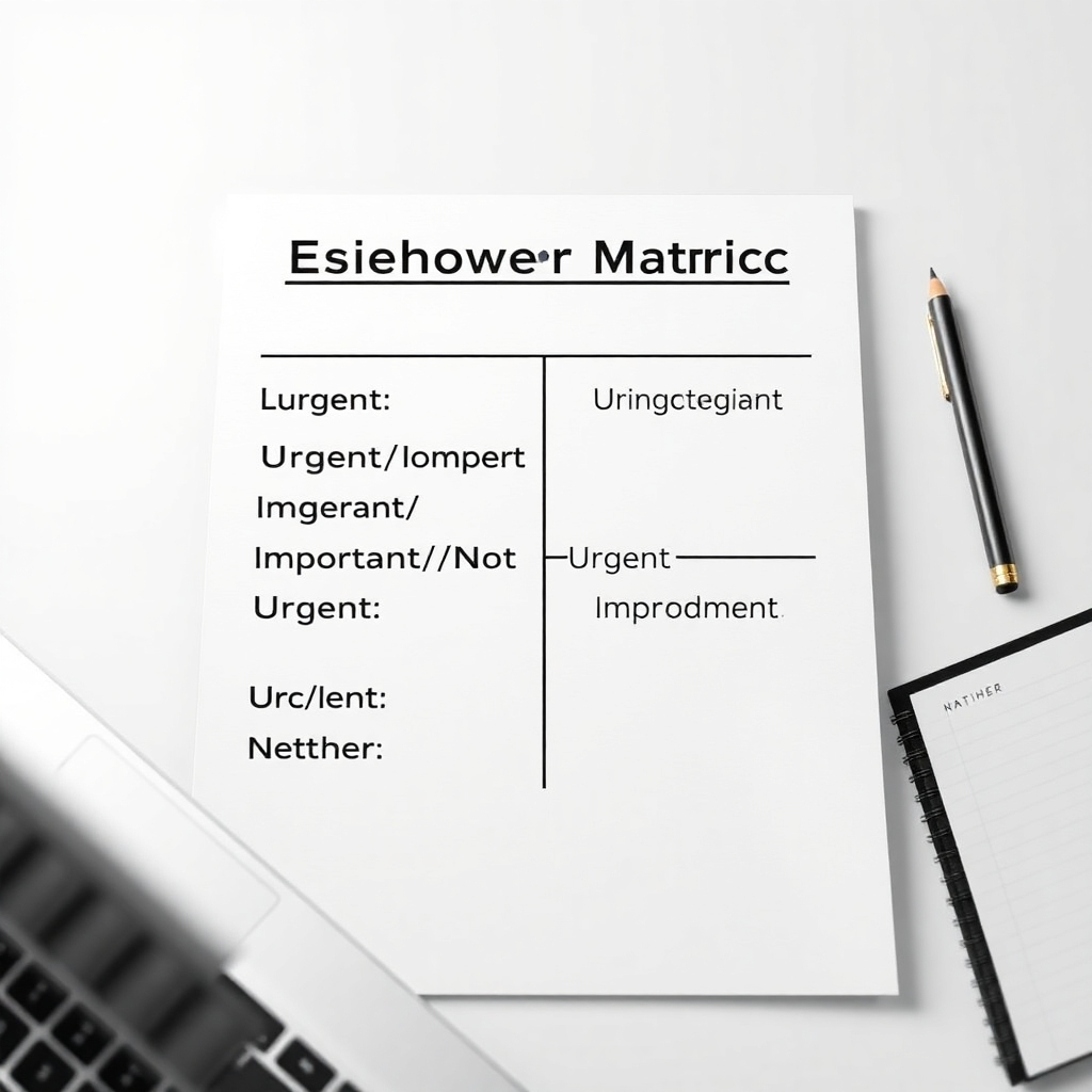 A photorealistic image of a well-organized to-do list using the Eisenhower Matrix. The items are clearly categorized as Urgent/Important, Important/Not Urgent, Urgent/Not Important, and Neither. The image should convey a sense of clarity and control over one's workload. The scene is set on a clean desk with a laptop and notebook.