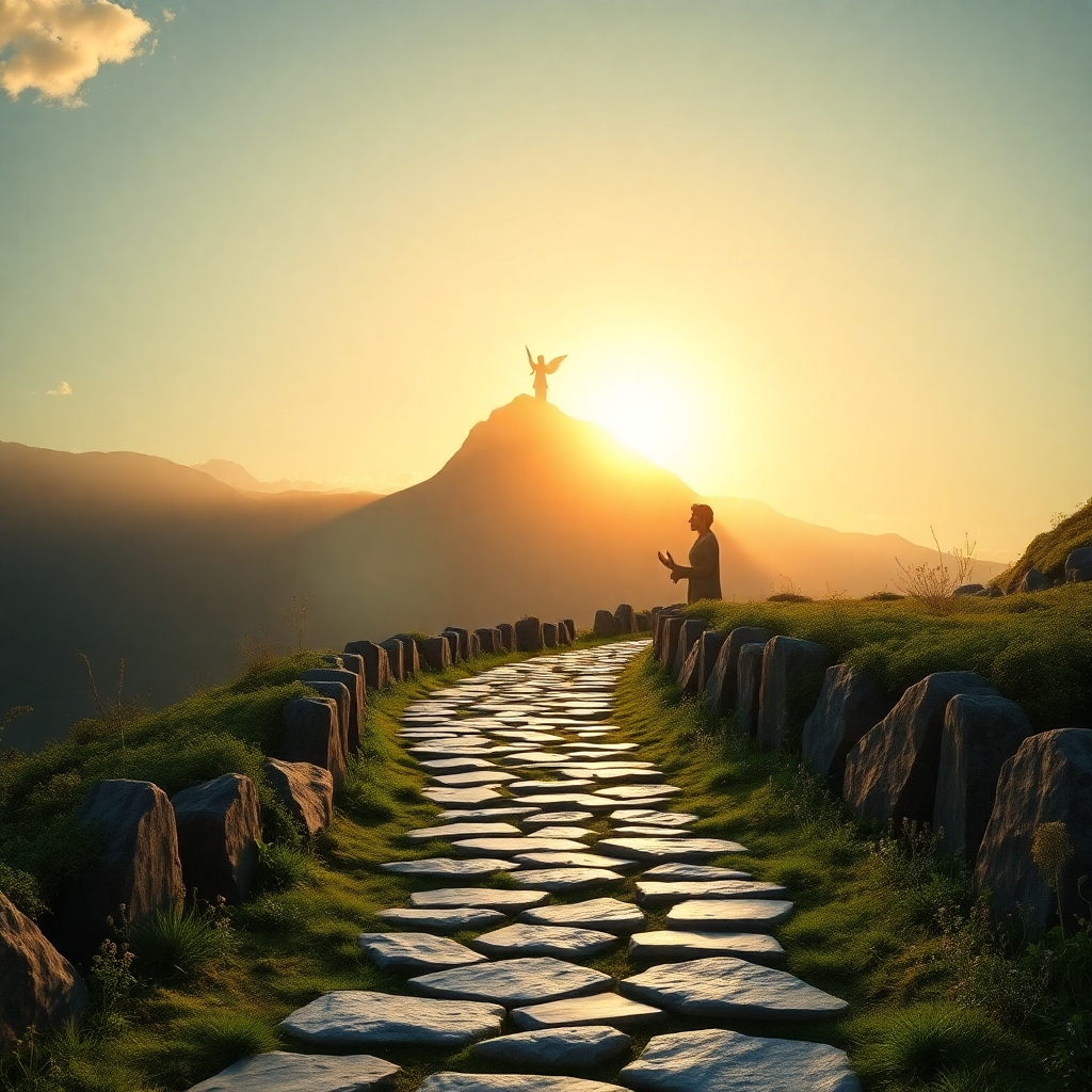 A photorealistic image of a winding path leading towards a distant mountain peak bathed in golden sunlight. The path is lined with ancient stones and lush greenery. Above, subtle angelic figures guide the way. Use a color palette of greens, browns, golds, and blues to create a sense of adventure and discovery.