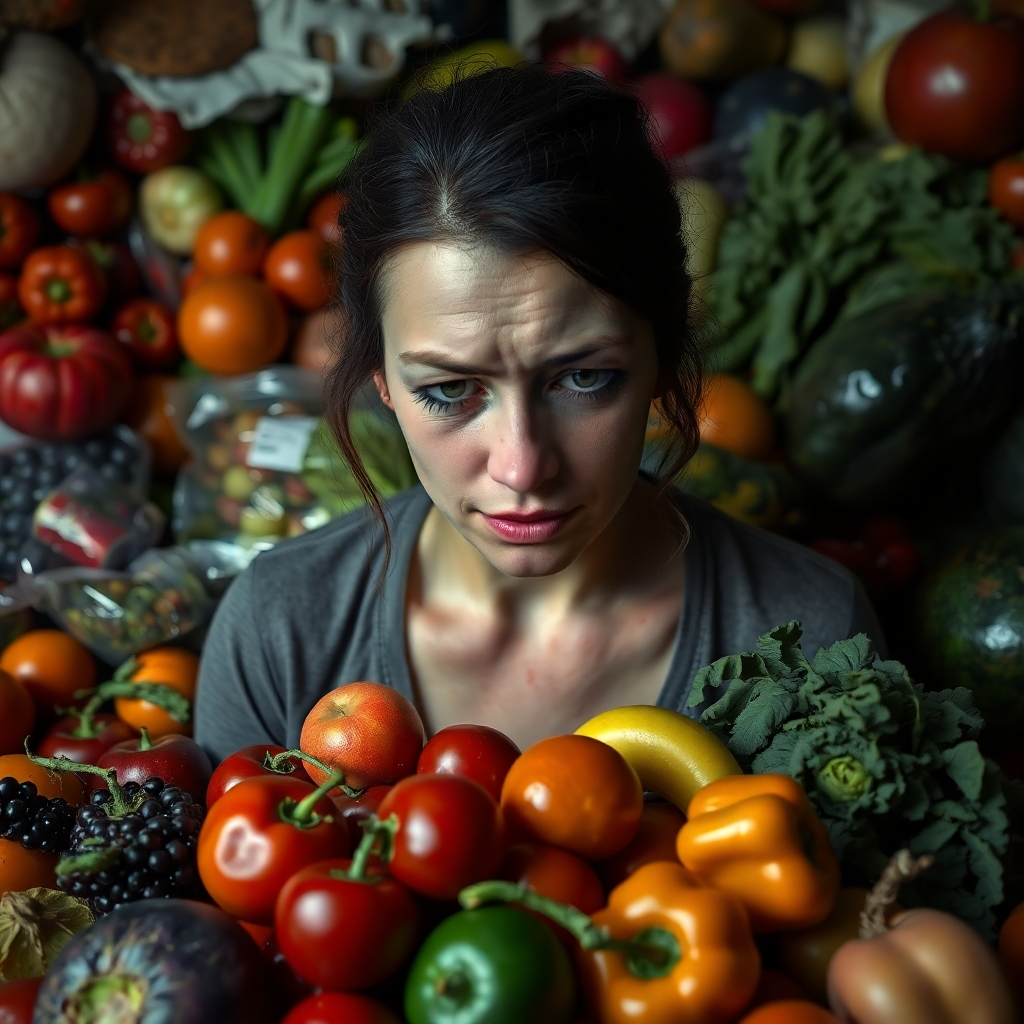 A photorealistic image of a woman looking exhausted and pale, surrounded by an abundance of fruits and vegetables that appear unappetizing. The lighting is dim and harsh, highlighting the woman's fatigue. The color palette is muted and desaturated, reflecting the lack of vitality. Shot from a slightly high angle to emphasize the woman's vulnerability. The background is cluttered and chaotic, symbolizing the confusion and frustration of restrictive dieting. 4K resolution, high quality, with attention to detail in the woman's expression and the textures of the fruits and vegetables.