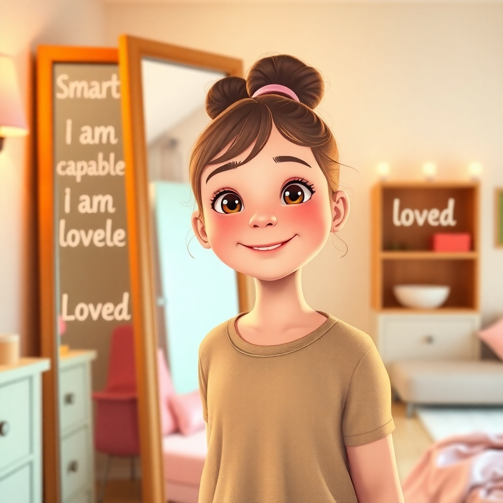 A photorealistic image of a young girl, approximately 8 years old, standing tall and smiling confidently in front of a mirror. Reflected in the mirror are positive affirmations written in a cheerful font, such as 'I am smart,' 'I am capable,' and 'I am loved.' The lighting is warm and flattering, highlighting the girl's positive expression. The color palette is soft and inviting, with pastel colors dominating. The camera angle is eye-level, creating a sense of connection with the viewer. The environment is a clean and organized bedroom, symbolizing a safe and nurturing space. Style reference: Inspired by children's book illustrations with a touch of realism. Technical specs: 4K resolution, high quality.