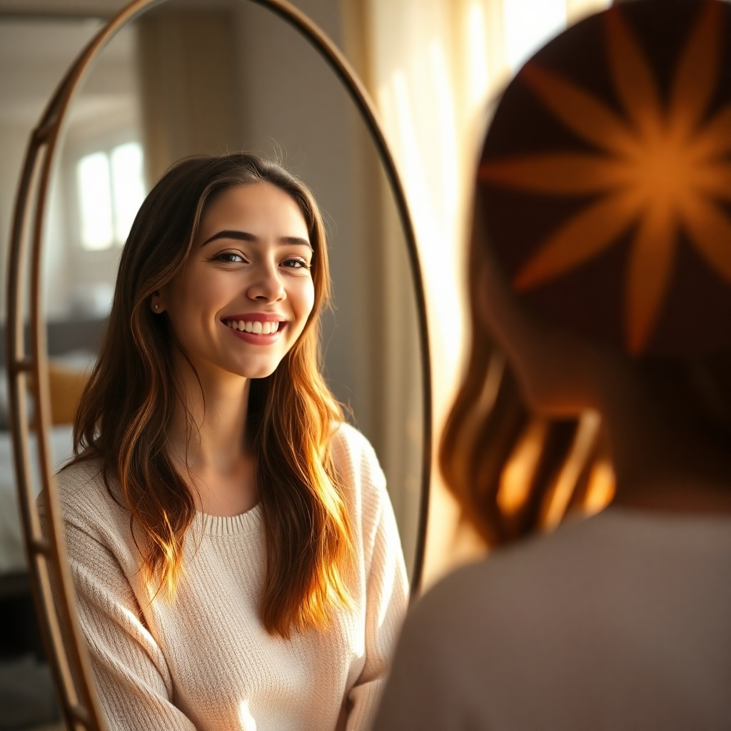 A photorealistic image of a young woman smiling confidently at her reflection in a mirror, sunlight streaming in from a window behind her. The mirror reflects a warmly lit, cozy bedroom. The overall mood should be one of peace and self-acceptance.  High detail, sharp focus, natural lighting, vibrant colors.