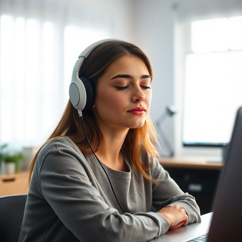 A photorealistic image of a young woman, a YouTube creator, sitting peacefully at her desk in a brightly lit room. She's wearing headphones, eyes closed, a serene expression on her face, with soft light highlighting her calm features.  In the background, a blurred image of a laptop screen shows hateful comments, contrasting with her peaceful demeanor. The overall mood should be one of serenity and resilience.