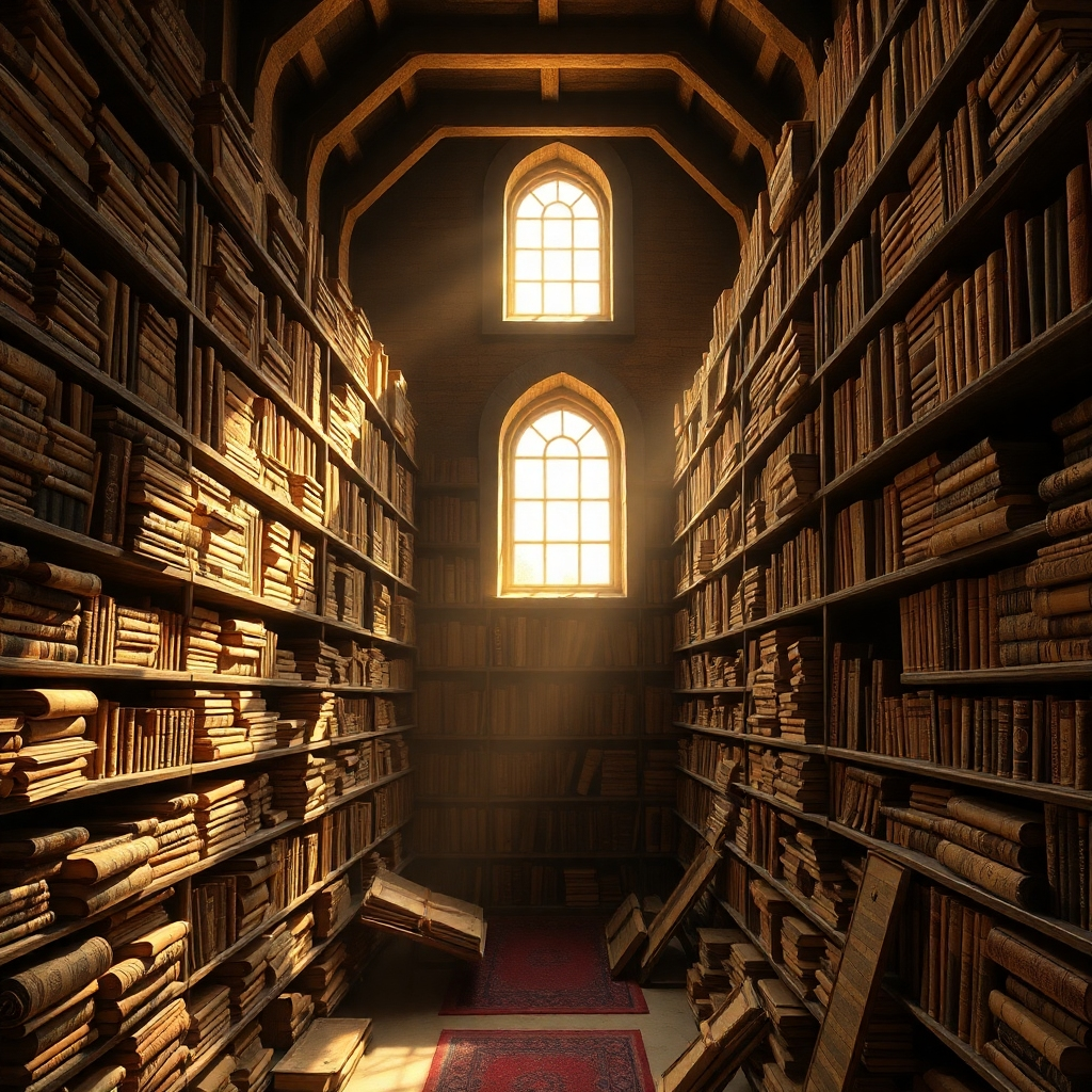 A photorealistic image of an ancient library filled with dusty books and scrolls. Sunlight streams through a window, illuminating the shelves. The color palette is warm and inviting, with a focus on browns and golds. A wide-angle shot captures the vastness of the library. The environment is a serene and peaceful space, inviting exploration and discovery. Technical specifications: 4K resolution, hyperrealistic detail.