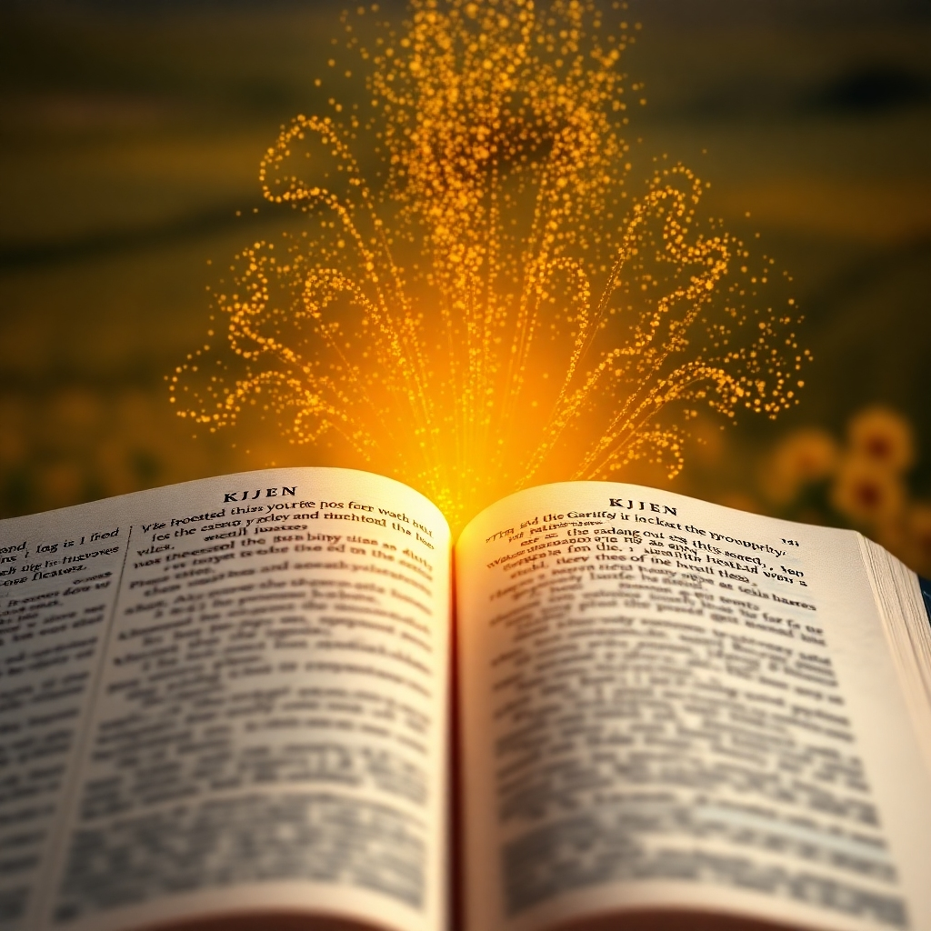 A photorealistic image of an open KJV Bible with golden light emanating from specific prosperity verses. Sound waves, visualized as shimmering golden particles, rise from the Bible and fill the surrounding space. The background is a blurred image of a prosperous, fertile landscape. The overall tone is warm and inviting, emphasizing the power and positivity of the scripture. 4K Resolution.