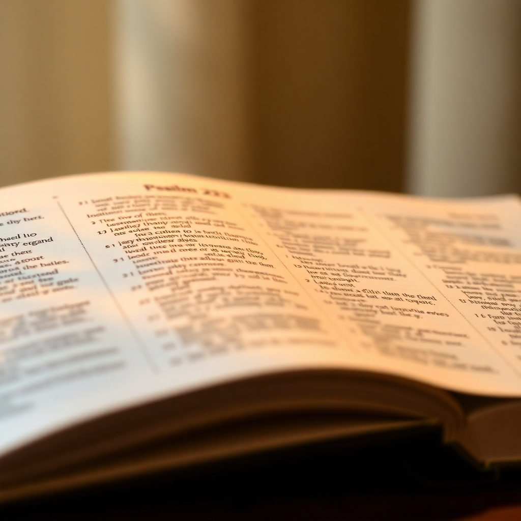 A photorealistic image of an open Bible, softly illuminated, with Psalm 23 clearly visible. Gentle light emanates from the pages, creating a sense of warmth and comfort. Include subtle visual cues of sound waves subtly radiating from the text. The background is blurred to keep the focus on the scripture. Color palette: warm tones of gold, amber, and soft white. Style reference: realistic oil painting. Technical specs: 4K resolution, high-quality rendering with focus on detail and texture of the Bible pages.