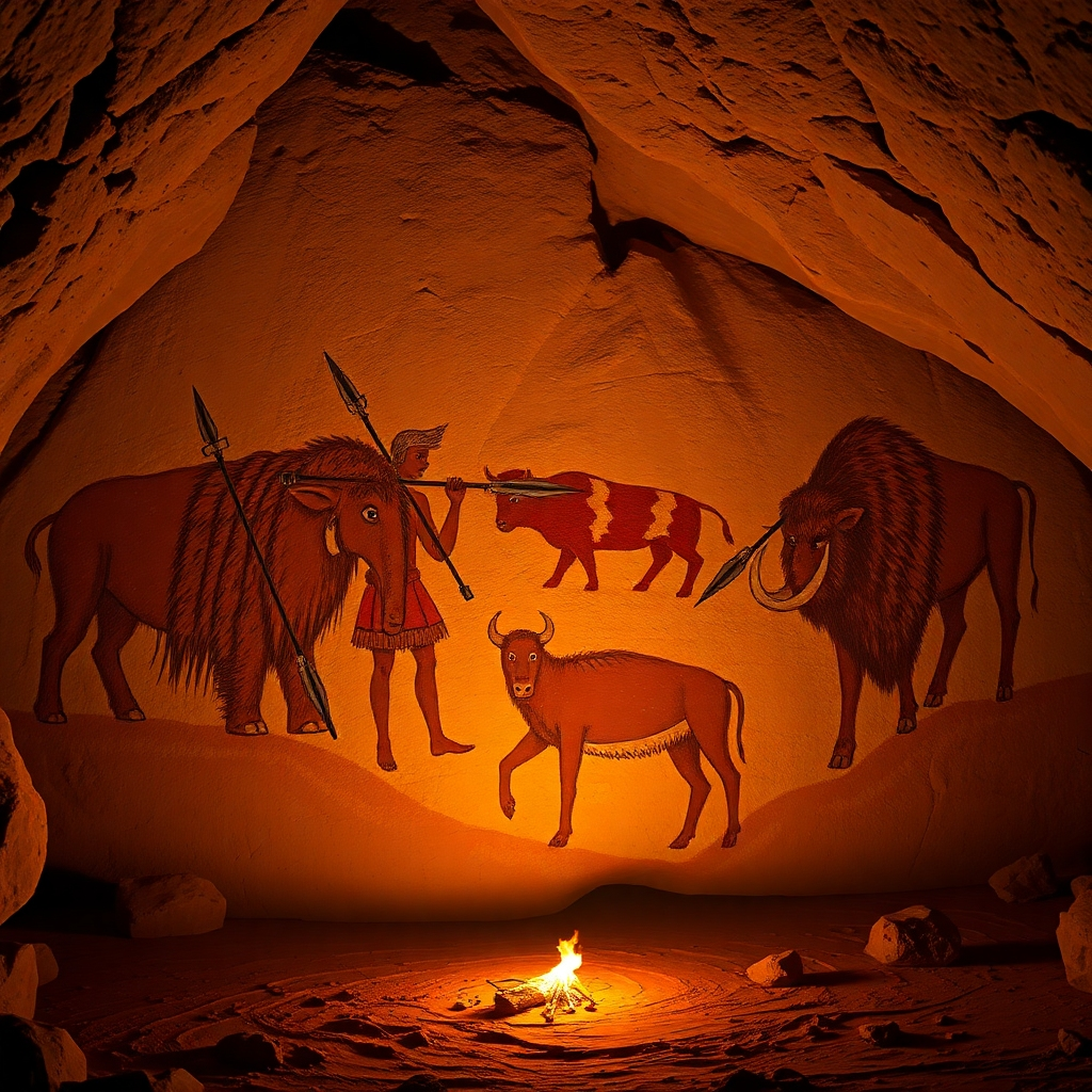 A photorealistic image of ancient cave paintings depicting hunters with spears, surrounded by animals like mammoths and bison. The lighting is dim and flickering, mimicking the light of a fire. The color palette is predominantly earth tones – browns, ochres, and reds. Shot from a medium distance, showcasing the overall scene and the details of the cave paintings. 4K resolution, high quality, with sharp focus on the textures of the cave walls and the details of the paintings.