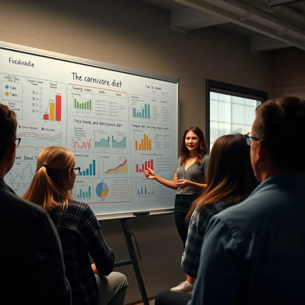 A photorealistic image of Brenda, standing in front of a whiteboard filled with charts and graphs, explaining the benefits and potential drawbacks of the carnivore diet to a group of attentive individuals. The image should convey a sense of knowledge sharing and personal growth through experience.