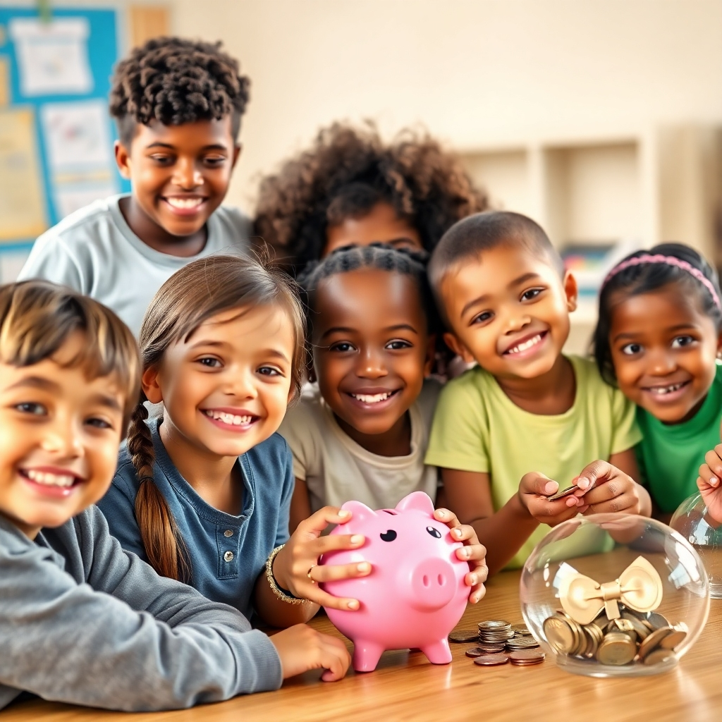 A photorealistic image of children participating in various activities related to goal setting, saving, and gratitude.  A diverse group, smiling and engaged in fun, creative activities like creating vision boards or sorting coins into piggy banks. The image should be bright, cheerful, and convey a sense of accomplishment.  Shallow depth of field, soft natural lighting, 4k resolution.