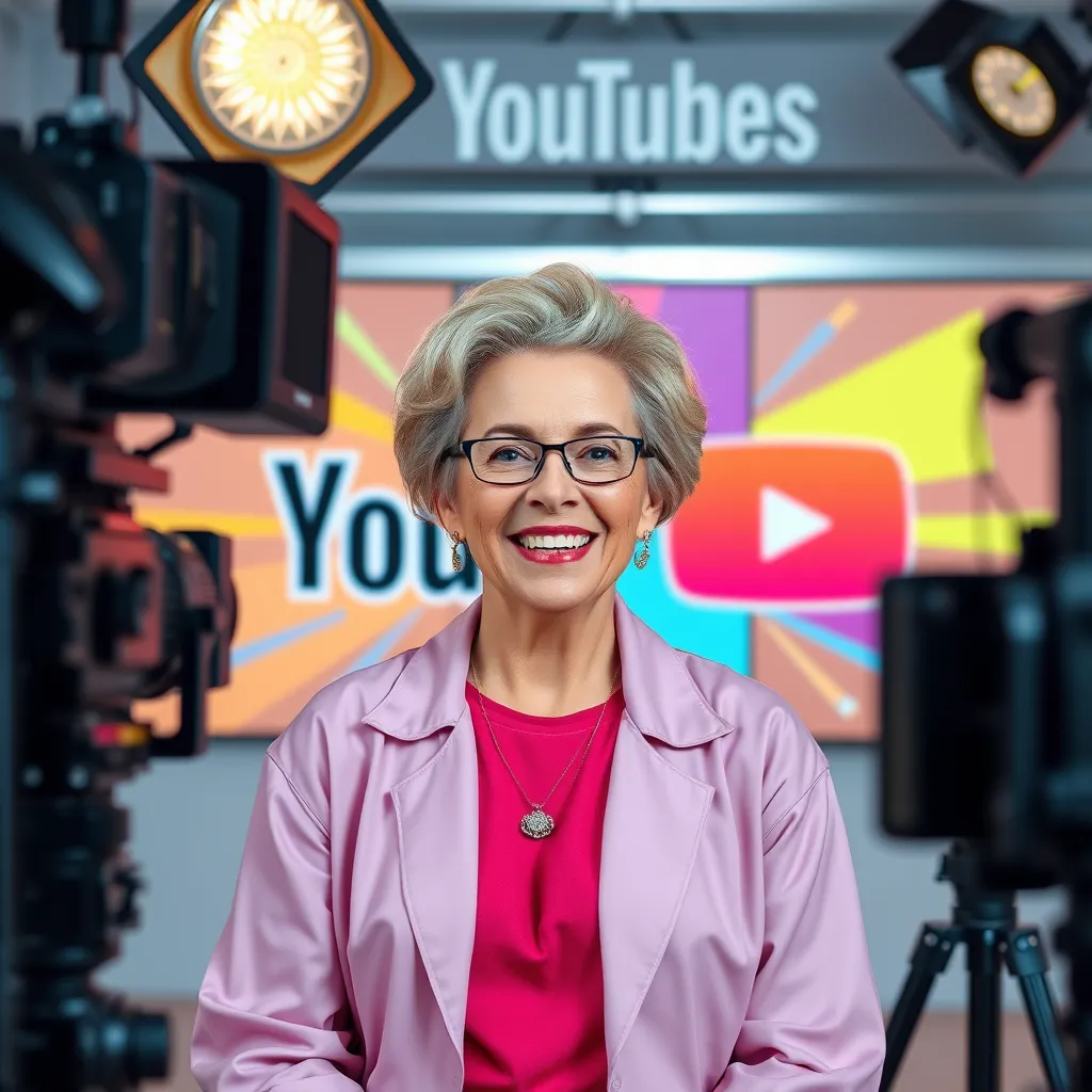 A photorealistic image of DoughDash, a woman in her late 40s or early 50s, smiling confidently while recording a YouTube video. She is dressed in a vibrant, trendy outfit, surrounded by professional lighting and equipment. The background features a stylized YouTube logo and colorful graphics, emphasizing the modern and dynamic nature of her channel.