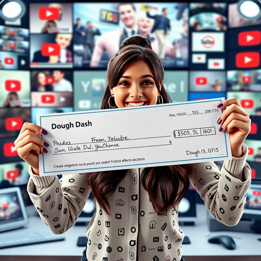 A photorealistic image of DoughDash holding a celebratory check with a cheerful expression, showcasing the financial rewards of her YouTube success. The background should feature a montage of her YouTube videos and various tools she uses to create and manage her channel, emphasizing the effort and skill involved.