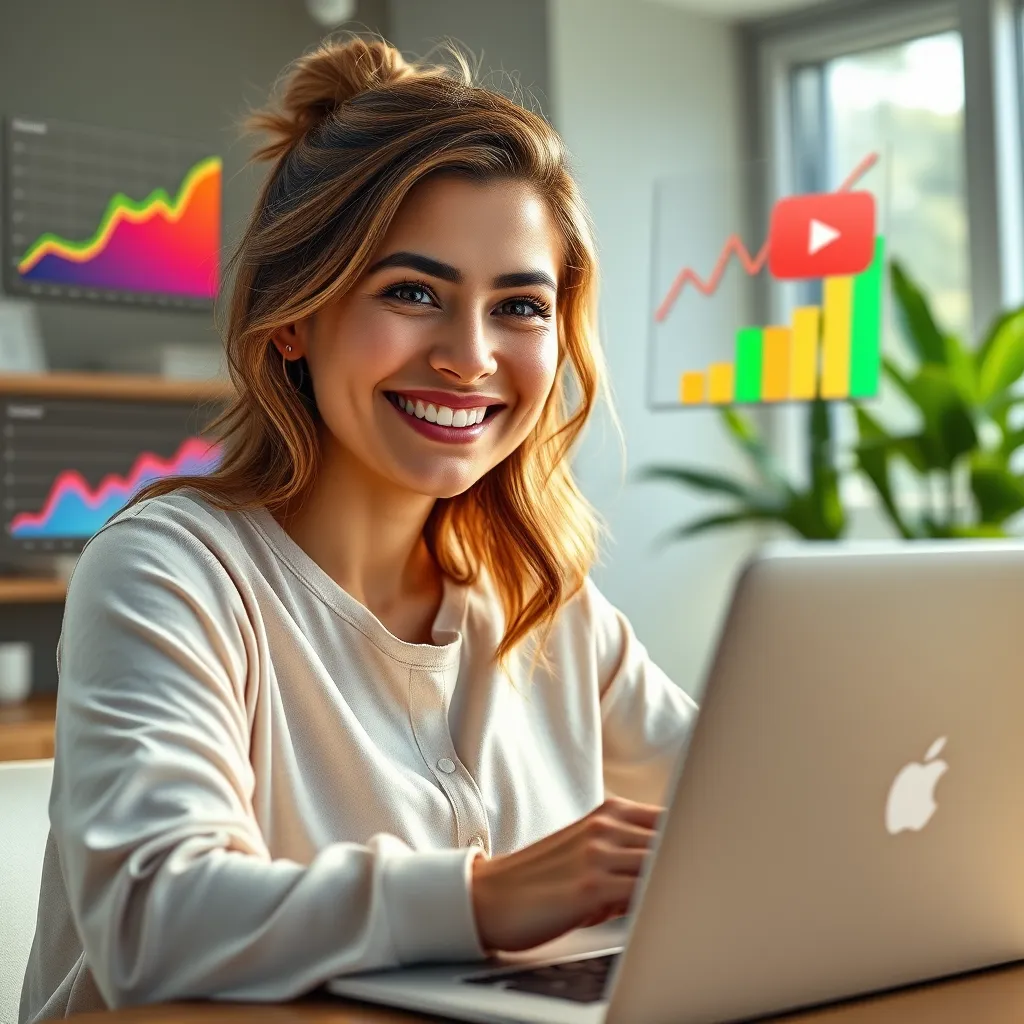 A photorealistic image of DoughDash smiling confidently in front of a laptop, surrounded by colorful charts and graphs representing her YouTube channel's growth. The background should feature a modern home office setting with natural light streaming in, highlighting a sense of vibrancy and success.