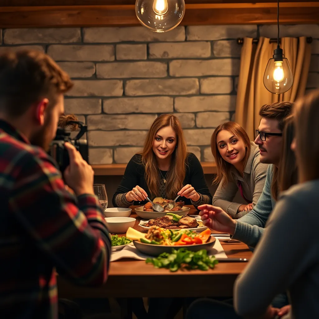 A photorealistic image of DoughDash sharing a meal in front of a camera, explaining the benefits of the carnivore diet to a group of engaged viewers. The image should focus on the interactive and informative nature of her YouTube content, highlighting a warm and welcoming atmosphere.