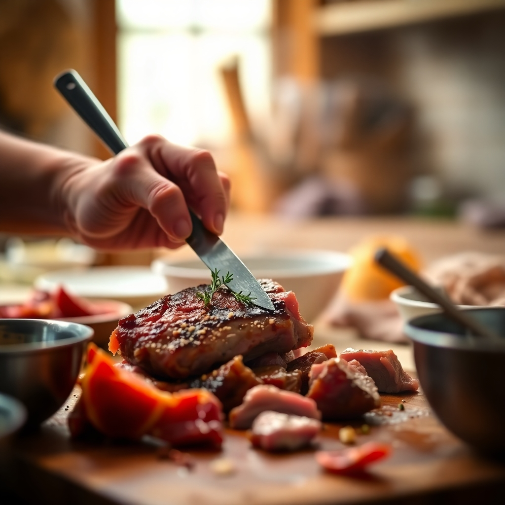 A photorealistic image of hands carefully preparing a meal with meat. Soft, warm lighting highlights the textures and colors. Focus on conveying a sense of care and attention to detail. The background is a cozy kitchen scene. Shallow depth of field, warm tones.