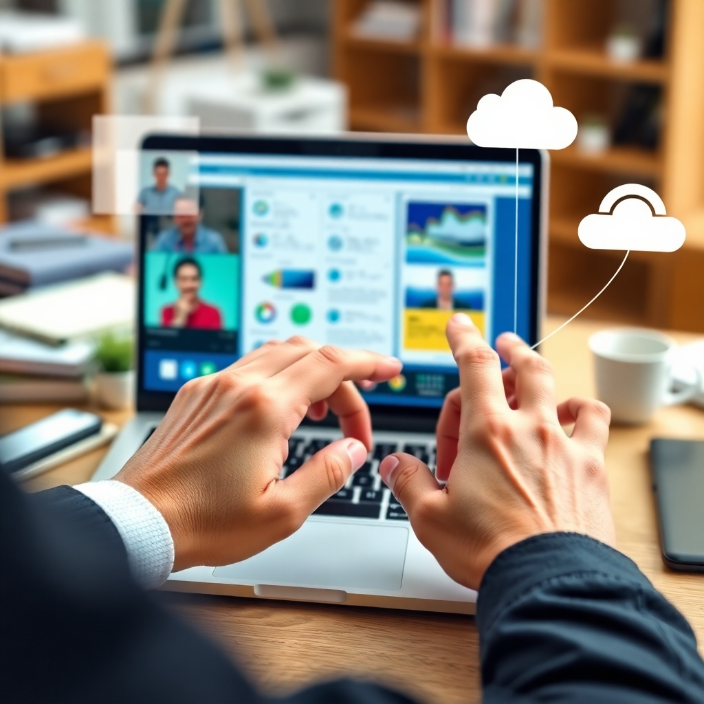 A photorealistic image of hands skillfully using various remote work tools on a laptop: video conferencing, project management software, cloud storage. Focus on the dexterity and precision of the hands. The background should be a blurred representation of a busy, but organized, digital workspace. Use a shallow depth of field to highlight the hands and the tools. The lighting should be bright and professional, with a focus on clarity and detail. Color palette should be modern and tech-focused with blues, greens, and whites dominating. Consider including subtle UI elements of the tools to showcase their features.