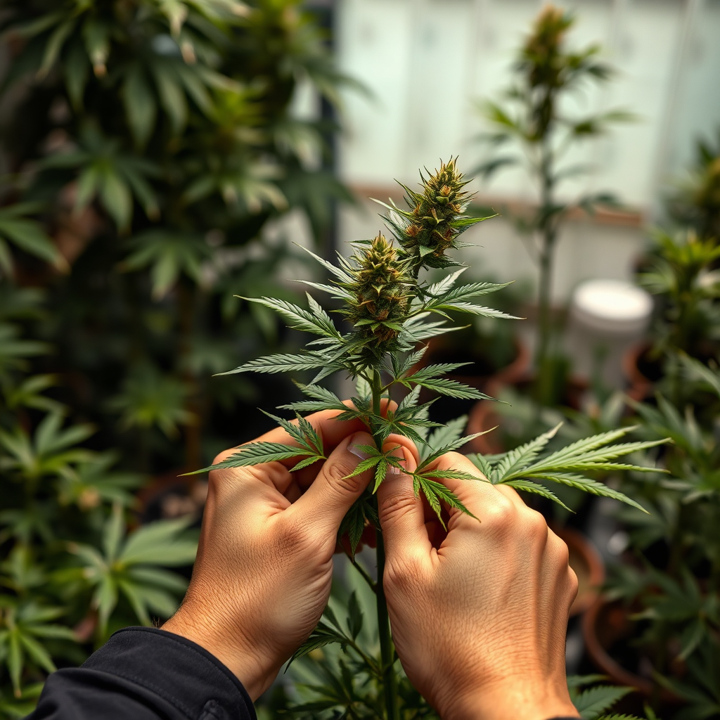 A photorealistic image of hands gently pruning a cannabis plant. The hands are experienced and careful. The background is a well-maintained indoor garden. The lighting is soft and natural. The color palette is dominated by greens and browns, creating a sense of nurturing and growth.