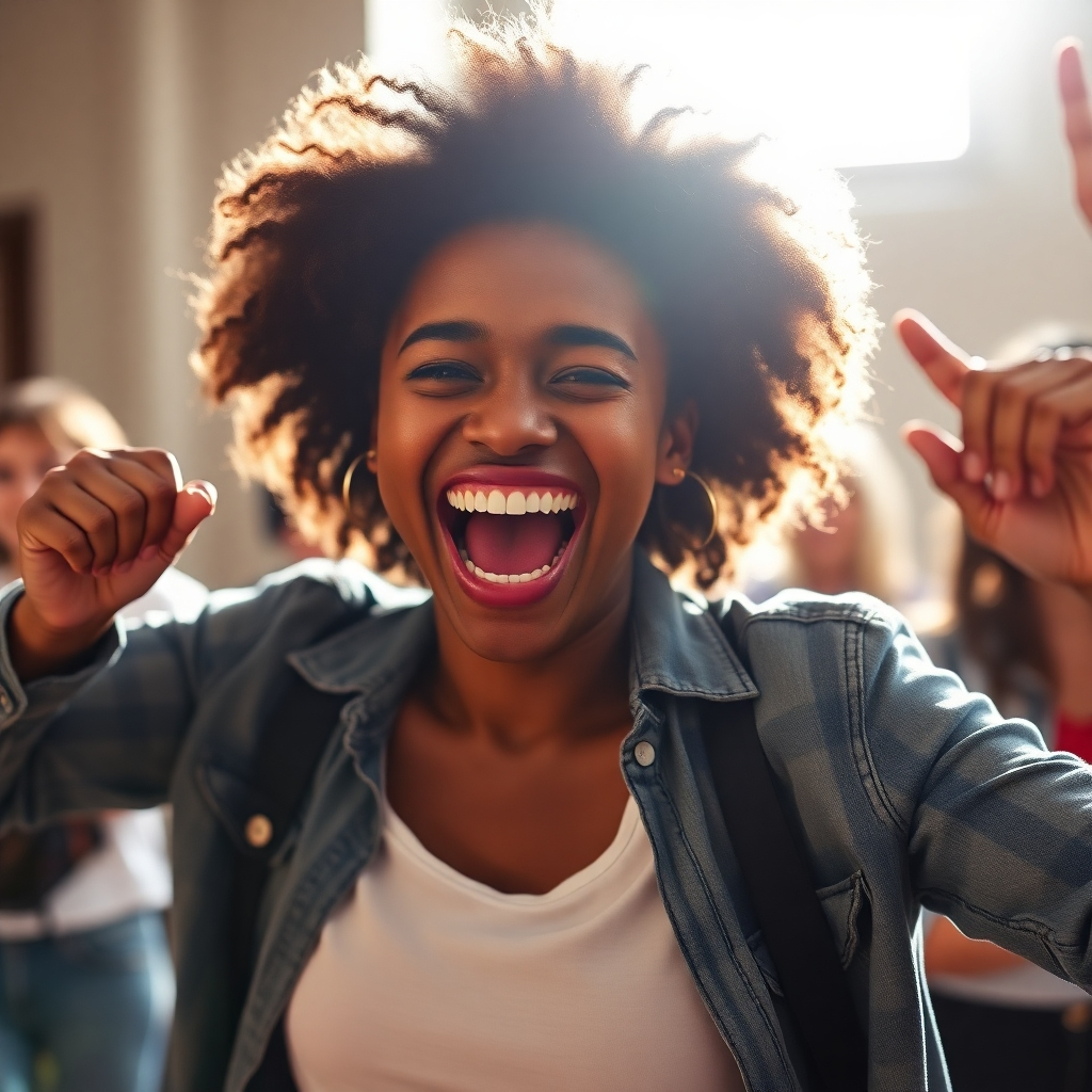 A photorealistic image of someone expressing joyful confidence, perhaps doing a celebratory dance or gesture. Lighting should be bright and upbeat.