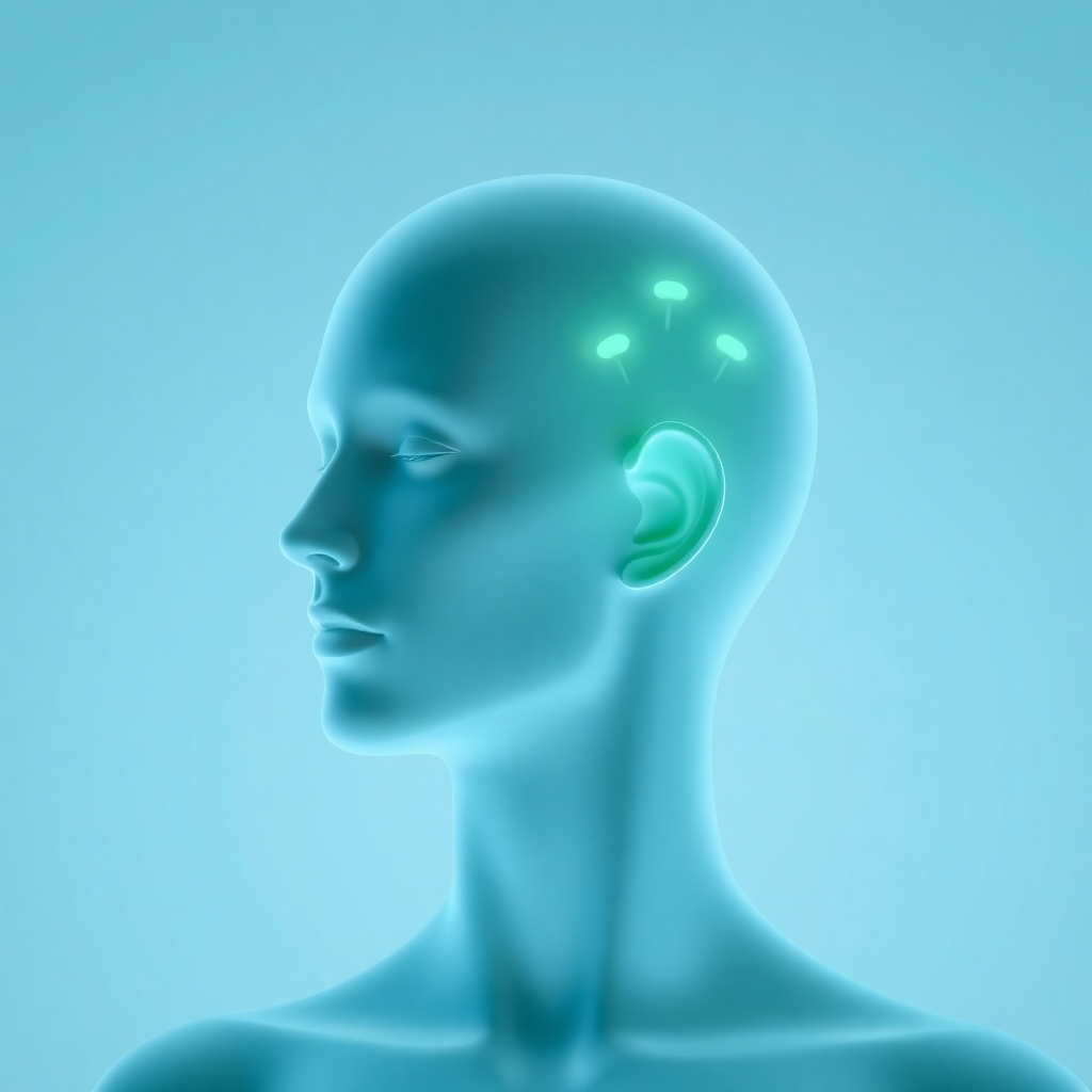 A photorealistic image of sound waves gently resonating around a human head, highlighting areas associated with focus and calm. The color palette is soft blues and greens, with subtle glowing effects to represent the healing properties of sound. The background is minimalist and clean. The image is a close-up, focusing on the head and the sound waves. 4k resolution.