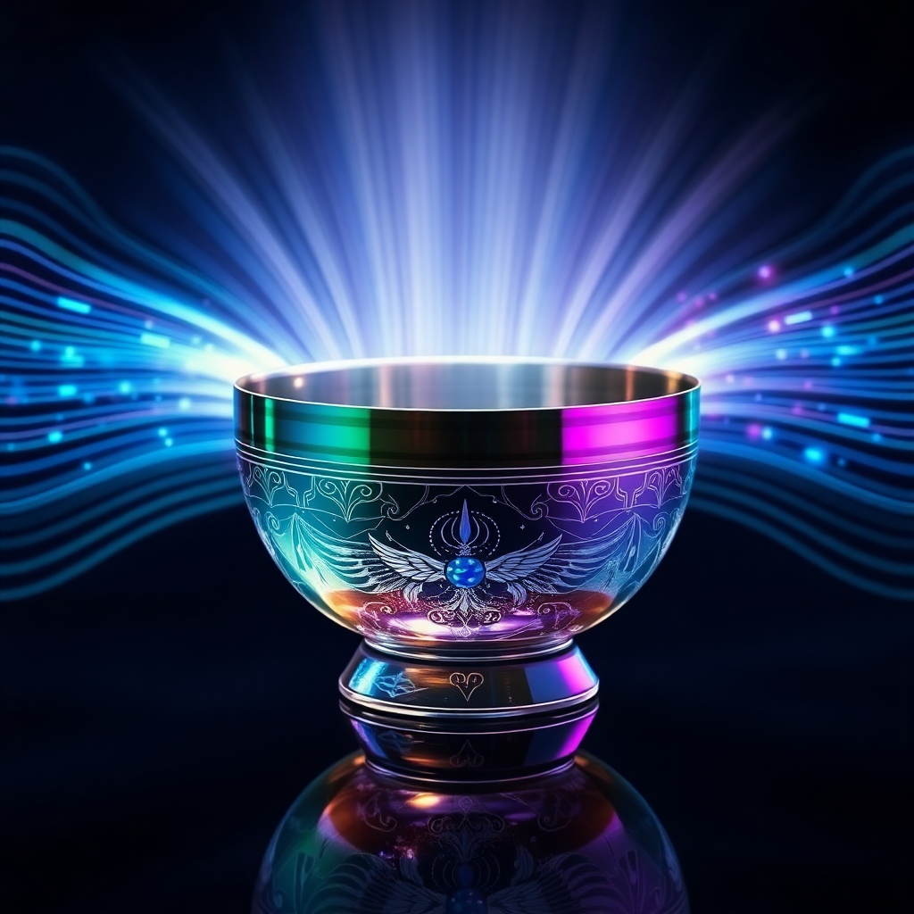 A photorealistic image of sound waves emanating from a singing bowl, creating patterns of light and color. The bowl is made of crystal and adorned with angelic symbols. The background is a dark, reflective surface, amplifying the visual effect of the sound waves. Colors: Iridescent blues, greens, and purples. Style: Focus on capturing the energy and movement of sound.