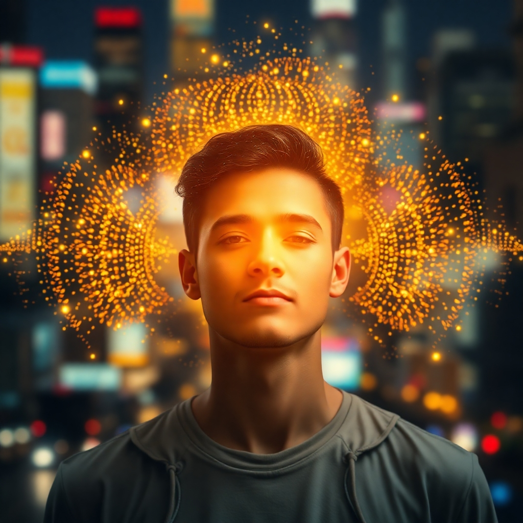 A photorealistic image of sound waves visualized as shimmering golden particles surrounding a person's aura. The person is radiating light and positive energy. The background is a blurred image of a vibrant cityscape. 4K Resolution.
