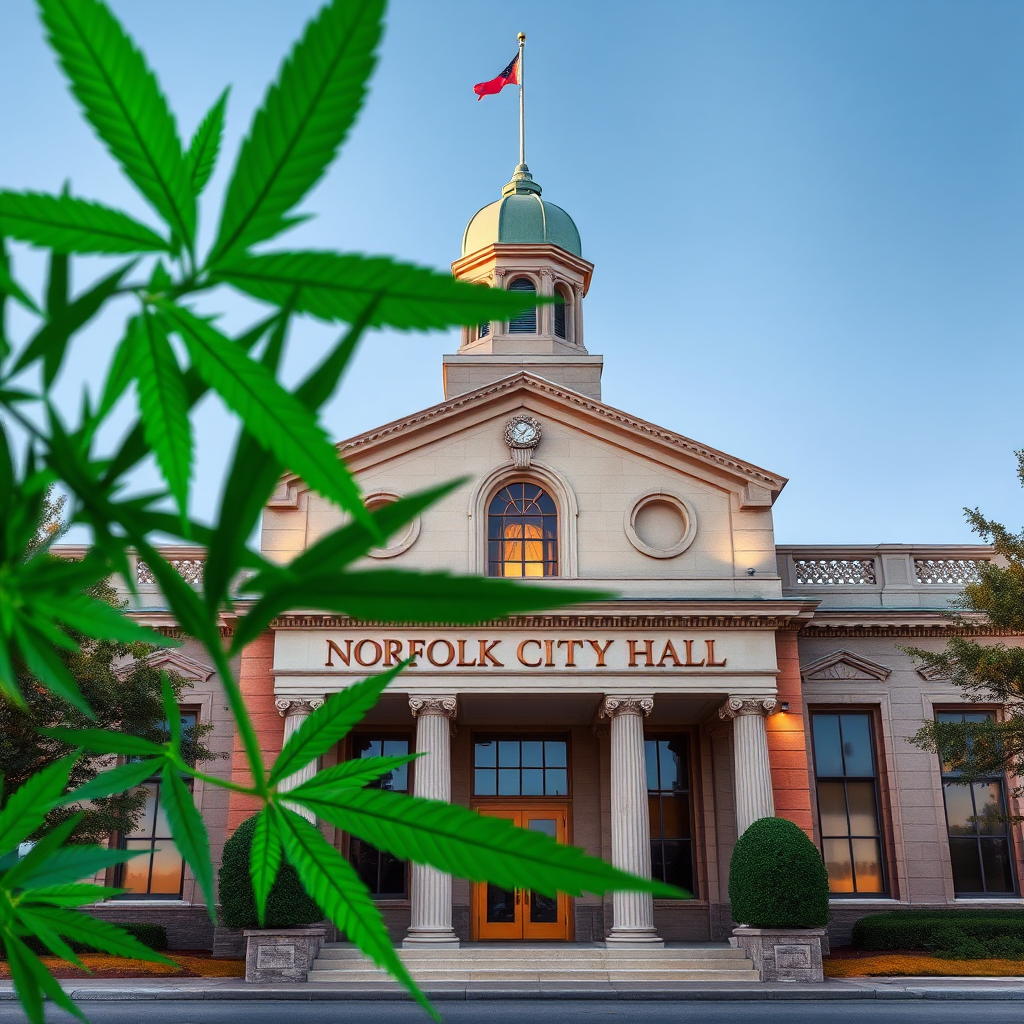 A photorealistic image of the Norfolk City Hall building, partially obscured by stylized cannabis leaves, symbolizing the intersection of law and cannabis culture. The lighting should be even and professional, with a focus on capturing the architectural details of the building. Use a color palette of greens, grays, and blues to convey a sense of authority and trustworthiness. The style should be modern and informative, reflecting the importance of understanding local regulations. Render in high resolution, ensuring clarity and detail.