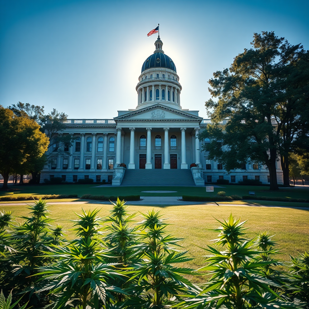 A photorealistic image of the Virginia State Capitol building with cannabis leaves subtly integrated into the landscaping. The lighting should be bright and optimistic, symbolizing progress and change. 4k resolution