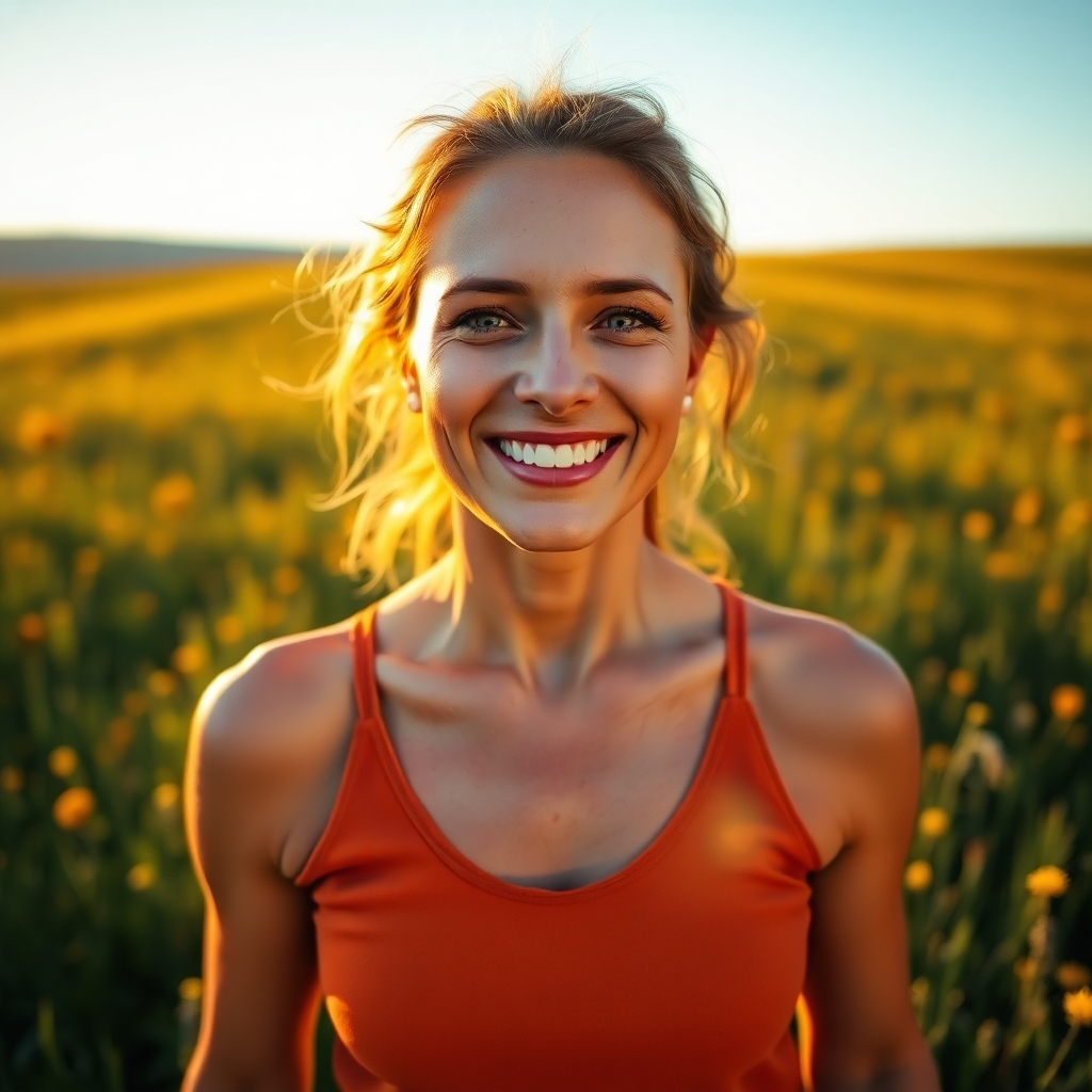 A photorealistic image of the same woman from the first image, now radiant and full of energy, standing in a sunlit field. Her skin is glowing, and she has a vibrant smile. The lighting is warm and golden, highlighting her newfound vitality. The color palette is rich and saturated, reflecting her improved health. Shot from a low angle to emphasize her strength and confidence. The background is a lush and vibrant landscape, symbolizing abundance and nourishment. 4K resolution, high quality, with meticulous attention to detail in the woman's expression and the textures of her skin and clothing.