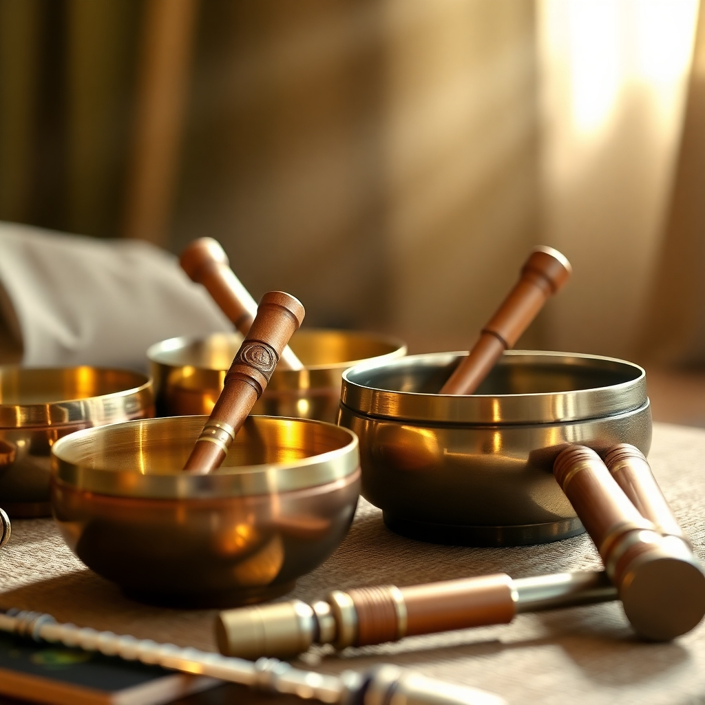 A photorealistic image of various sound healing instruments (singing bowls, tuning forks) arranged in a harmonious composition. Light reflects off the instruments, creating a sense of peace and tranquility. The color palette is warm and inviting, with golds, browns, and greens.
