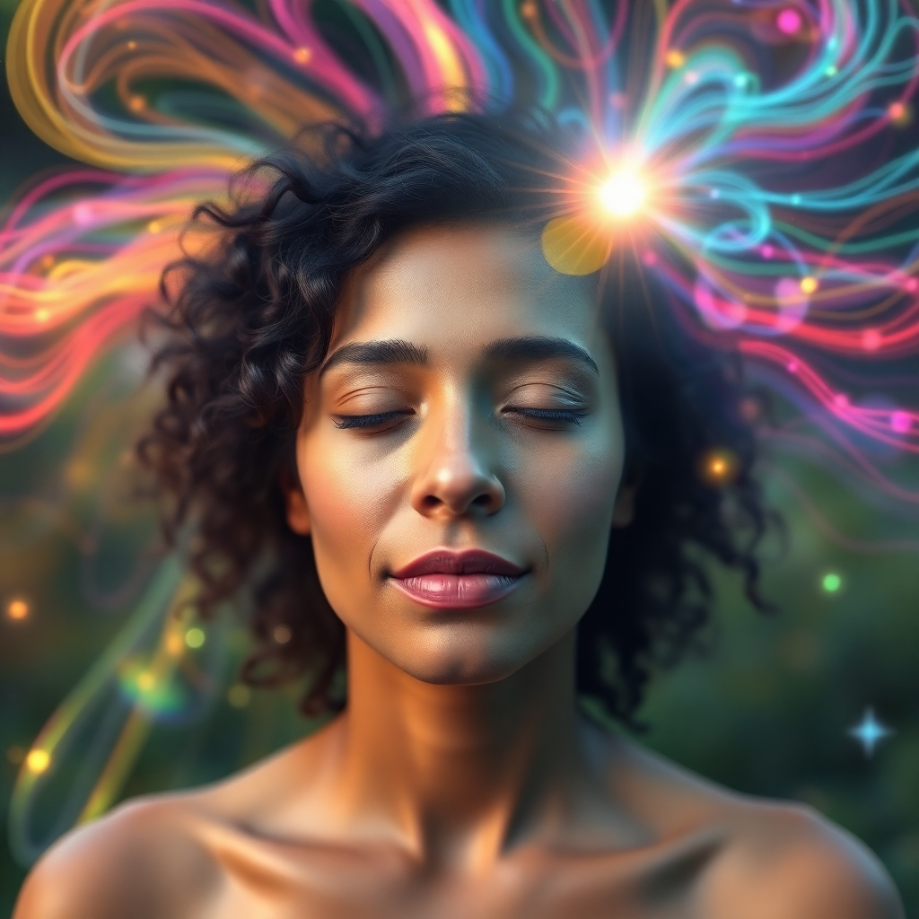 A photorealistic image of vibrant, swirling energy fields in various colors, representing Solfeggio frequencies, surrounding a person. The person is shown relaxed and calm,  with a serene facial expression. Background features a calming, natural environment.