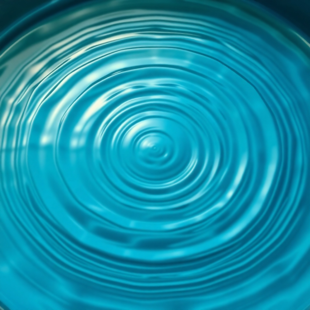 A photorealistic image of water rippling in response to sound waves. The water is in a shallow dish, and the sound waves create intricate, symmetrical patterns. Soft, diffused lighting emphasizes the delicate textures of the water and the clarity of the patterns. The color palette is primarily blues and greens, with subtle hints of gold. The camera angle is a close-up, overhead shot to capture the beauty and complexity of the wave patterns. This image should evoke a sense of harmony and interconnectedness.