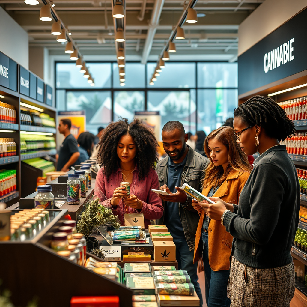 A photorealistic image showcasing a diverse group of consumers browsing cannabis products in a well-lit, modern retail environment. The products are displayed attractively, and the consumers are engaged and informed. The atmosphere is relaxed and welcoming. The scene should convey the benefits of a regulated market for consumers. Camera angle: medium shot, capturing the interactions between the consumers and the products. Add subtle details like reading labels and engaging in conversation. 4K resolution, high quality.