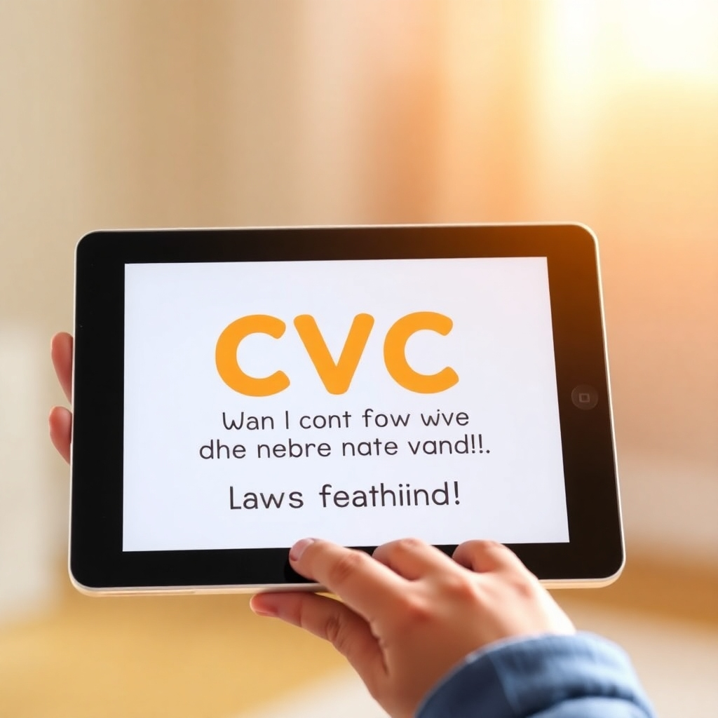 A photorealistic image showcasing a tablet displaying a CVC word with a positive affirmation. The tablet is held by a child's hand, with soft, warm light illuminating the screen. The background is blurred, focusing attention on the CVC word and the affirmation. The style blends a realistic representation with a warm and encouraging atmosphere. Technical specs: 4K resolution, high-quality rendering, clear and easy-to-read font.