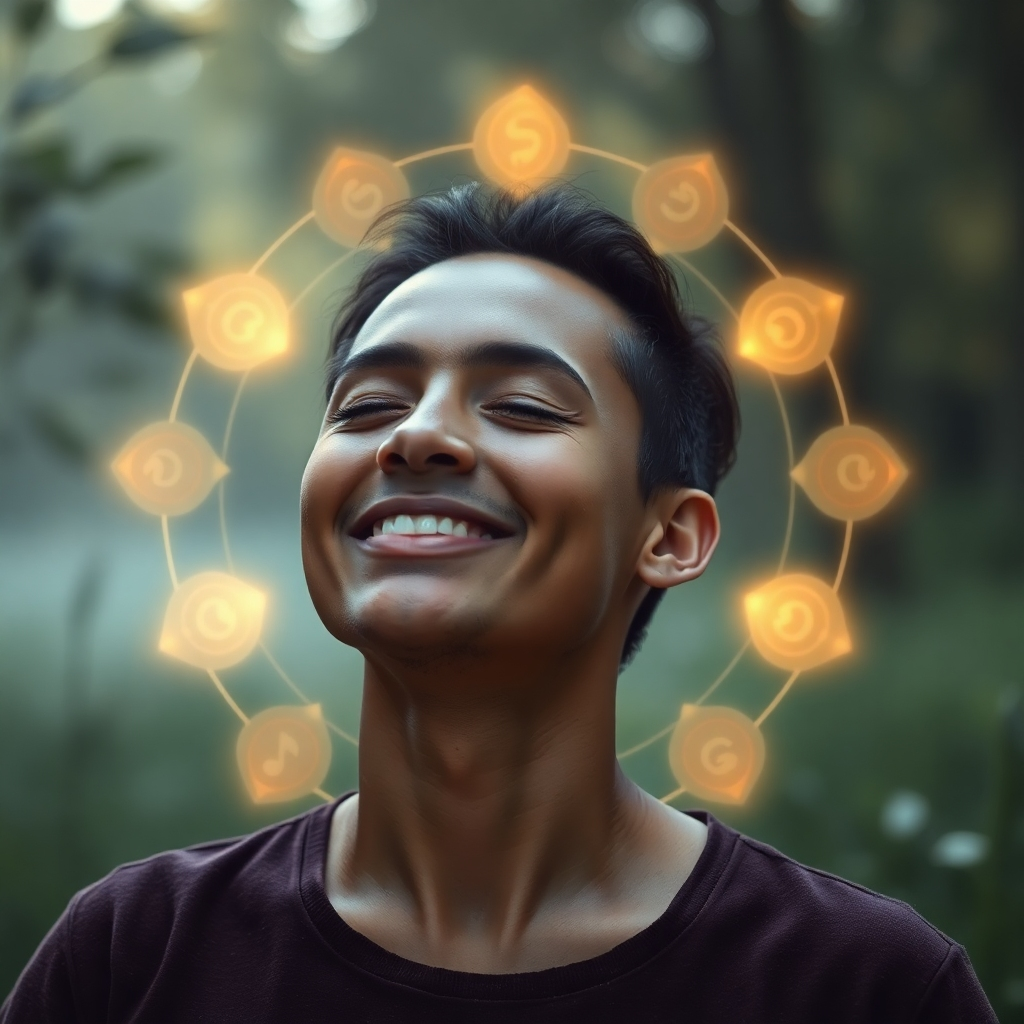 A photorealistic image showcasing the combination of visual elements:  glowing Solfeggio frequency symbols integrated within a calming natural scene. A person is peacefully meditating, with subtle audio visualizations surrounding them representing Solfeggio sounds. The person is smiling with their eyes closed.